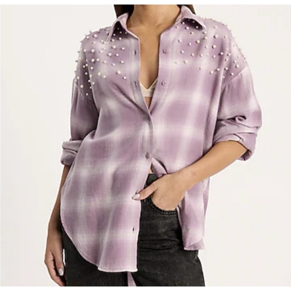 Express NWT Boyfriend Portofino Plaid Pearl Embellished Button‎ Top Womens XS